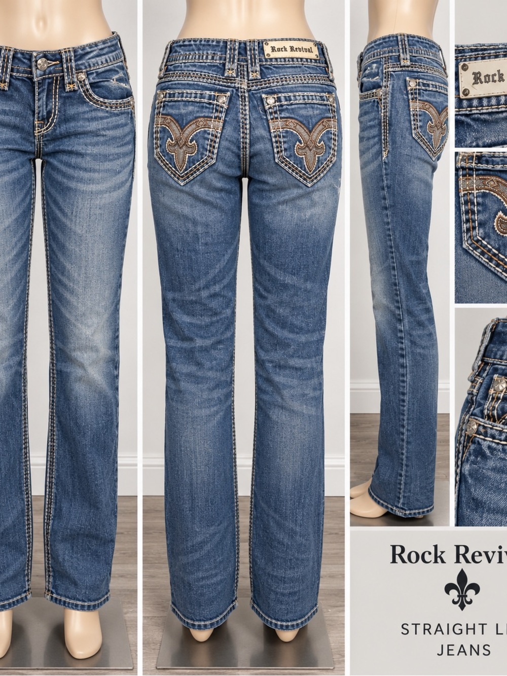 16542. Rock Revival Women's Straight Leg Jeans Faded Blue with Brown Embroidery